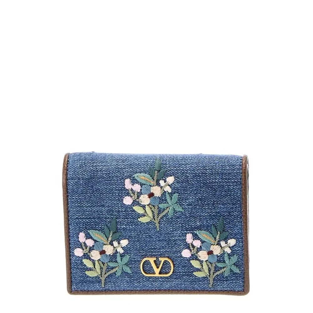 Valentino Vlogo Signature Denim Card Case, Blue